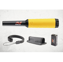 Minelab Pro-Find Pinpointer Metalldetektor mit Holster, Handschlaufe und 9-Volt-Batterie.
