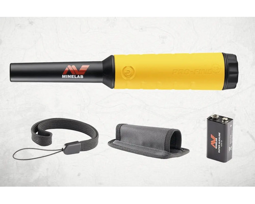 Minelab Pro-Find Pinpointer Metalldetektor mit Holster, Handschlaufe und 9-Volt-Batterie.