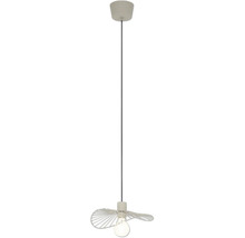 Moderne Pendelleuchte mit flachem Drahtschirm und sichtbarem Leuchtmittel.