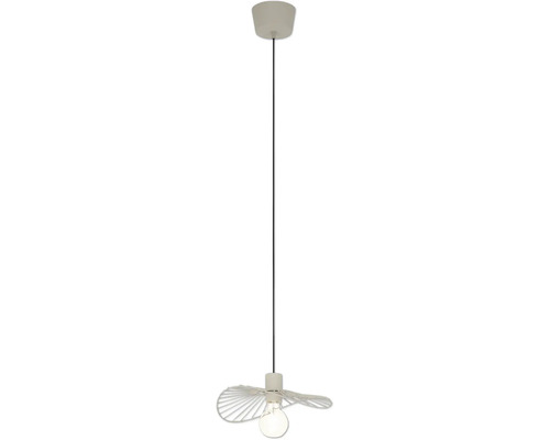 Moderne Pendelleuchte mit flachem Drahtschirm und sichtbarem Leuchtmittel.