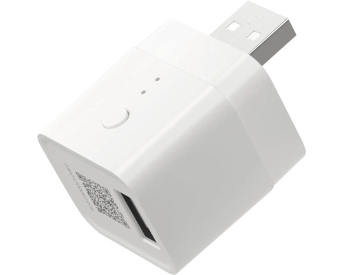 Weißer USB-Adapter mit USB-A-Stecker und USB-A-Buchse, Druckknopf und Status-Leuchtdioden für Smart Home Anwendungen.