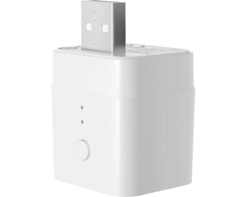 Weißer USB-Adapter für Smart Home mit Bedientaste und zwei Kontrollleuchten.