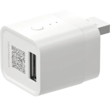Weißer USB-Adapter mit einem USB-Anschluss, einem QR-Code und einem Bedienknopf an der Oberseite.