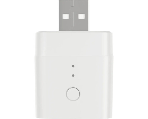 USB-Gateway für Smart-Home-Anwendungen mit USB-A-Stecker, zwei Kontrollleuchten und einer Bedientaste.