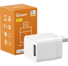 Sonoff Micro Zigbee USB Smart Adaptor mit weißem Gehäuse und Produktverpackung.