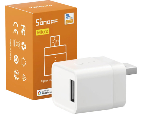 Sonoff Micro Zigbee USB Smart Adaptor mit weißem Gehäuse und Produktverpackung.