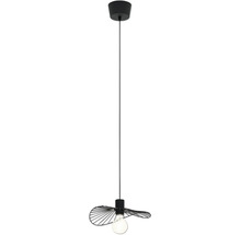 Schwarze Pendelleuchte mit flachem, gewelltem Drahtschirm aus Metall und großem weißem Leuchtmittel.