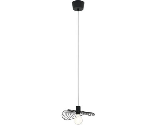 Schwarze Pendelleuchte mit flachem, gewelltem Drahtschirm aus Metall und großem weißem Leuchtmittel.