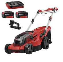 Einhell Akku-Rasenmäher-Set mit zwei Akkus, Doppel-Ladegerät und Mulchkit.