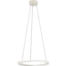 Weiße moderne Pendelleuchte in Ringform mit geschwungenem Design und drei Seilaufhängungen.