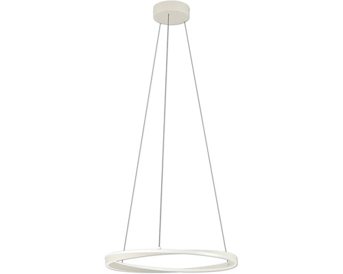 Weiße moderne Pendelleuchte in Ringform mit geschwungenem Design und drei Seilaufhängungen.