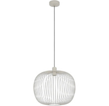 Weiße Pendelleuchte mit rundem Lampenschirm aus Metalldraht.