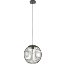 Schwarze Pendelleuchte mit kugelförmigem Schirm aus Metalldrähten und sichtbarem Leuchtmittel.