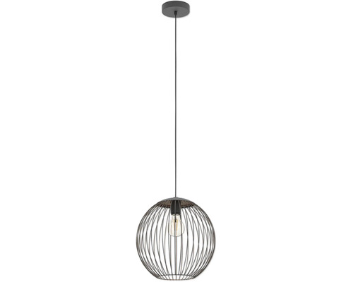 Schwarze Pendelleuchte mit kugelförmigem Schirm aus Metalldrähten und sichtbarem Leuchtmittel.