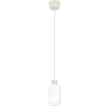 Weiße Pendelleuchte mit zylindrischem Glasschirm und passendem Baldachin.