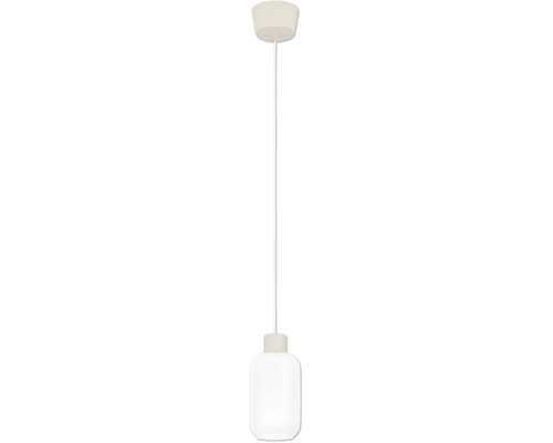 Weiße Pendelleuchte mit zylindrischem Glasschirm und passendem Baldachin.