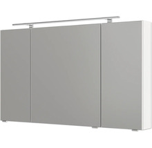 Dreitüriger Spiegelschrank für das Badezimmer mit LED-Aufsatzleuchte und Griffleisten.