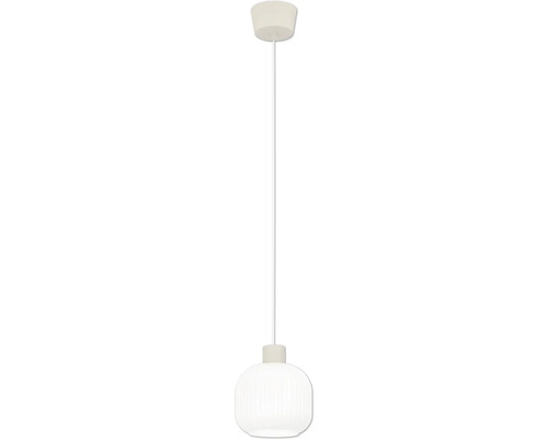 Weiße Pendelleuchte mit geripptem Glasschirm und Deckenbaldachin.