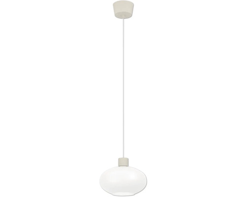 Pendelleuchte mit weißem, ovalem Glasschirm, weißem Kabel und Baldachin.