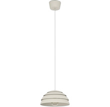 Moderne Pendelleuchte mit gestuftem Metallschirm, passendem Baldachin und weißem Kabel.