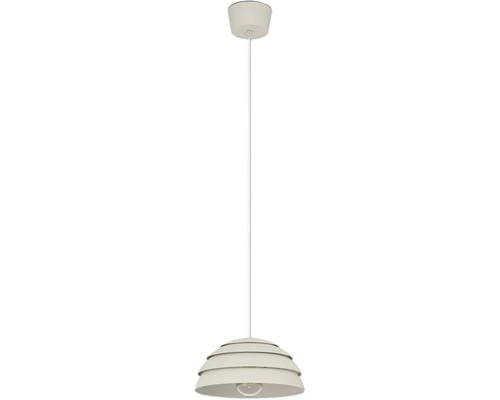 Moderne Pendelleuchte mit gestuftem Metallschirm, passendem Baldachin und weißem Kabel.