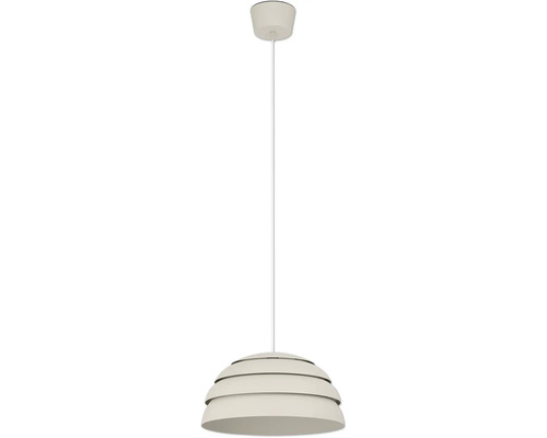 Beige Pendelleuchte mit stufenförmigem Schirm in Kuppelform und rundem Baldachin.