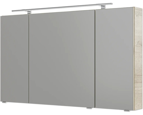 Spiegelschrank mit drei Türen, LED-Beleuchtung und Korpus in Holzoptik.