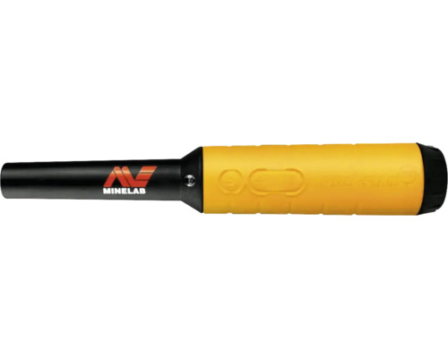 Minelab Pinpointer Metallsuchgerät mit Minelab Logo, gelbem Griff und Bedienknöpfen zur punktgenauen Ortung von Metallen.
