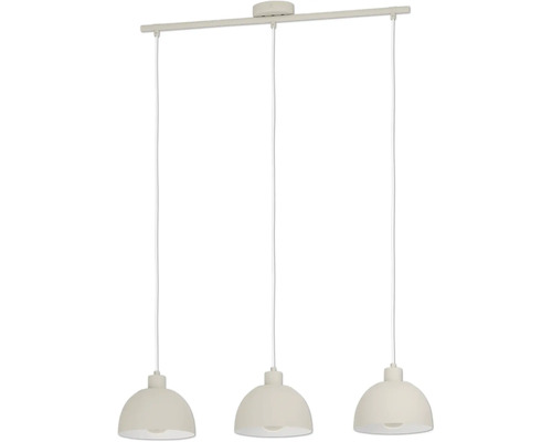 Dreiflammige Pendelleuchte mit Metallbalken und drei halbkugelförmigen Schirmen.