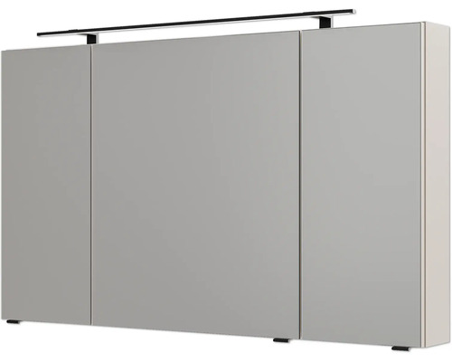 Dreitüriger Spiegelschrank für das Badezimmer mit einer schwarzen LED-Aufsatzleuchte.