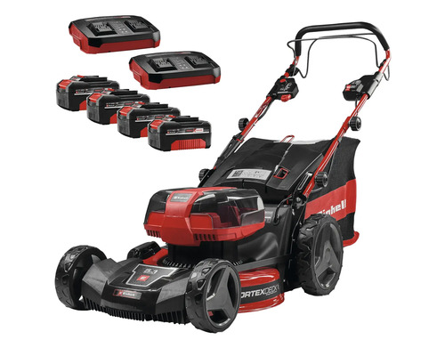 Einhell Akku-Rasenmäher mit vier Akkus, zwei Doppel-Ladegeräten und Grasfangsack.