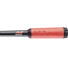 Minelab PRO-FIND 40 Pinpointer-Metalldetektor mit Minelab Logo, rotem strukturiertem Griff, Bedientasten und schwarzer konischer Sonde.