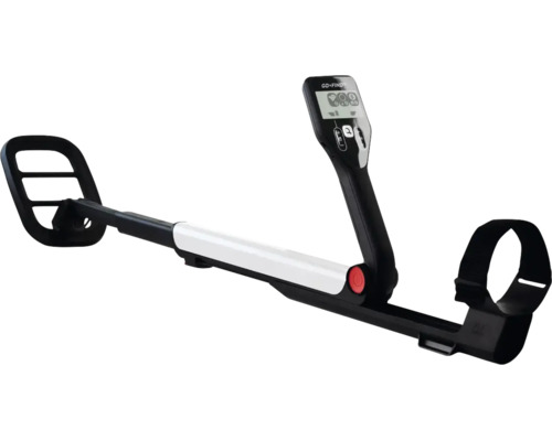 Metalldetektor mit rechteckiger Suchspule, Teleskopgestänge, digitalem Bedienfeld und Armstütze.