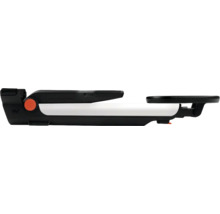 Zusammengeklappter Metalldetektor in Schwarz und Weiß mit einem orangefarbenen Gelenk.