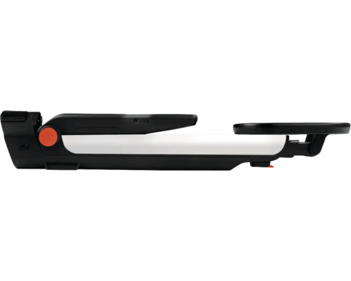 Zusammengeklappter Metalldetektor in Schwarz und Weiß mit einem orangefarbenen Gelenk.