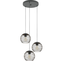 Dreiflammige schwarze Pendelleuchte aus Metall mit runden Schirmen in Gitteroptik.