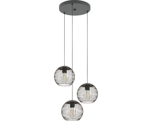 Dreiflammige schwarze Pendelleuchte aus Metall mit runden Schirmen in Gitteroptik.