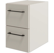 Weißer Badezimmer-Unterschrank mit zwei Schubladen und schwarzen Griffen.