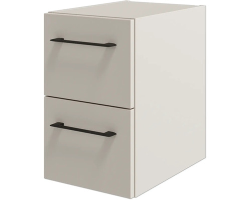 Weißer Badezimmer-Unterschrank mit zwei Schubladen und schwarzen Griffen.