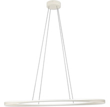 Moderne LED-Pendelleuchte in Ringform mit vier dünnen Seilabhängungen und runder Deckenbefestigung.