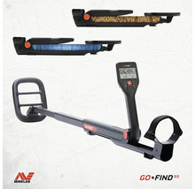Minelab Metalldetektor GO-FIND 22, klappbar, mit Display und Suchspule, Folien mit Schlangen- und Krokodilmuster, Minelab Logo.