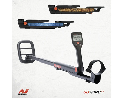 Minelab Metalldetektor GO-FIND 22, klappbar, mit Display und Suchspule, Folien mit Schlangen- und Krokodilmuster, Minelab Logo.