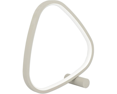 Moderne, minimalistische LED-Tischleuchte mit asymmetrischem, abgerundetem Rahmen und kleinem zylindrischem Standfuß.