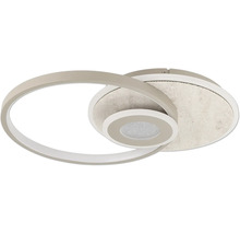 Moderne LED-Deckenleuchte mit überlappenden ovalen und kreisförmigen Ringen in Taupe sowie einem strukturierten Mittelelement.