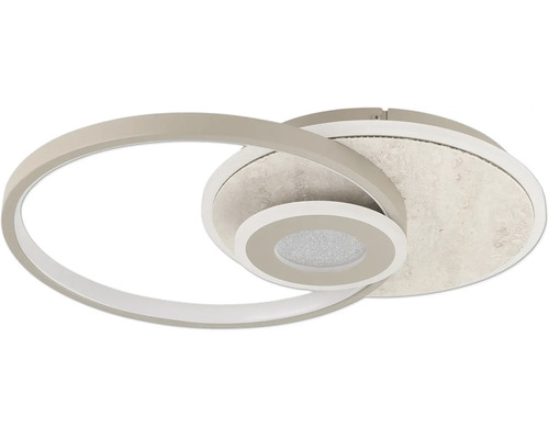 Moderne LED-Deckenleuchte mit überlappenden ovalen und kreisförmigen Ringen in Taupe sowie einem strukturierten Mittelelement.