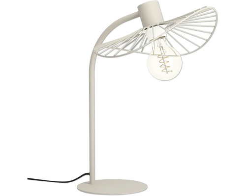 Moderne Tischleuchte aus Metall mit fächerförmigem Drahtschirm und sichtbarem Filament-Leuchtmittel.