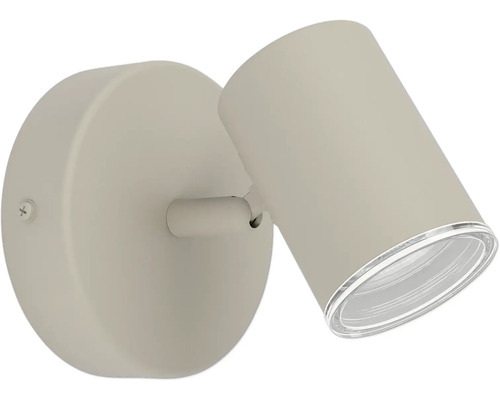 Verstellbarer Wandstrahler aus Metall in Beige mit zylindrischem Kopf und rundem Sockel für die Innenbeleuchtung.