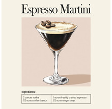 Wandbild mit Illustration eines Espresso Martini im Glas mit Kaffeebohnen und einer Zutatenliste.