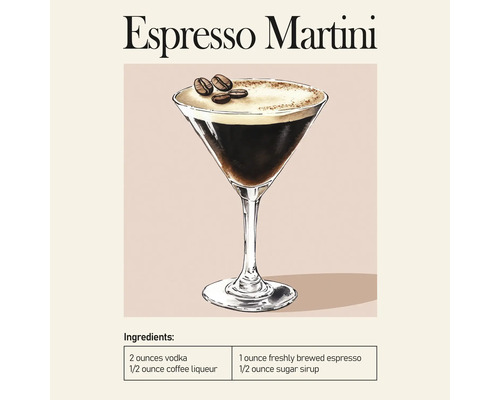 Wandbild mit Illustration eines Espresso Martini im Glas mit Kaffeebohnen und einer Zutatenliste.