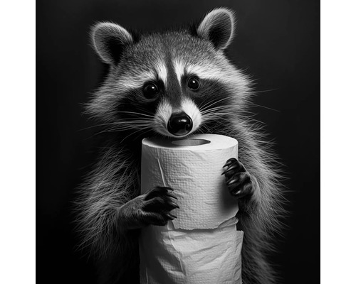 Ein Waschbär hält eine Rolle Toilettenpapier in seinen Pfoten.